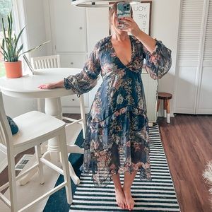 ASOS Pleated Layered Tiered Midi Long Sleeve Floral Dress